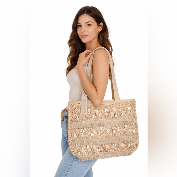 Salt + Umber Handbags - Salt & Umber Woven Straw Tote Bag Shell Detail Fringe Boho NWT